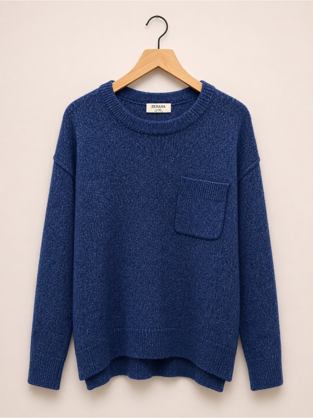 Zenana Outfitters Navy Blue Crewneck Sweater with Chest Pocket (315)